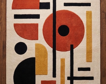 Tapete geométrico moderno, tapete tufado feito à mão, tapete abstrato de meados do século, tapete neutro bege, laranja e preto, decoração para sala de estar e quarto.