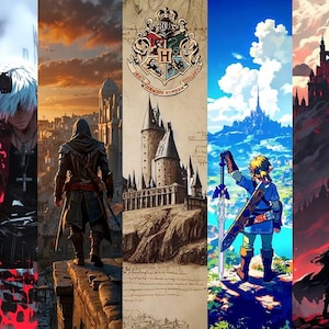 Puede incluir: Una serie de impresiones artísticas de fantasía que presentan personajes y paisajes de videojuegos y libros populares. Las impresiones incluyen un personaje con una espada, una figura que domina una ciudad, el castillo de Hogwarts y un castillo oscuro.