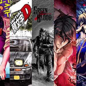 Puede incluir: Un collage de cinco personajes de anime de diferentes series. El primer personaje es un hombre con una motosierra por mano, el segundo es un hombre conduciendo un coche blanco, el tercero es un hombre con un abrigo negro y un sombrero, el cuarto es un hombre con ojos rojos y el pecho desnudo, y el quinto es un hombre con cabello rubio y una chaqueta azul.