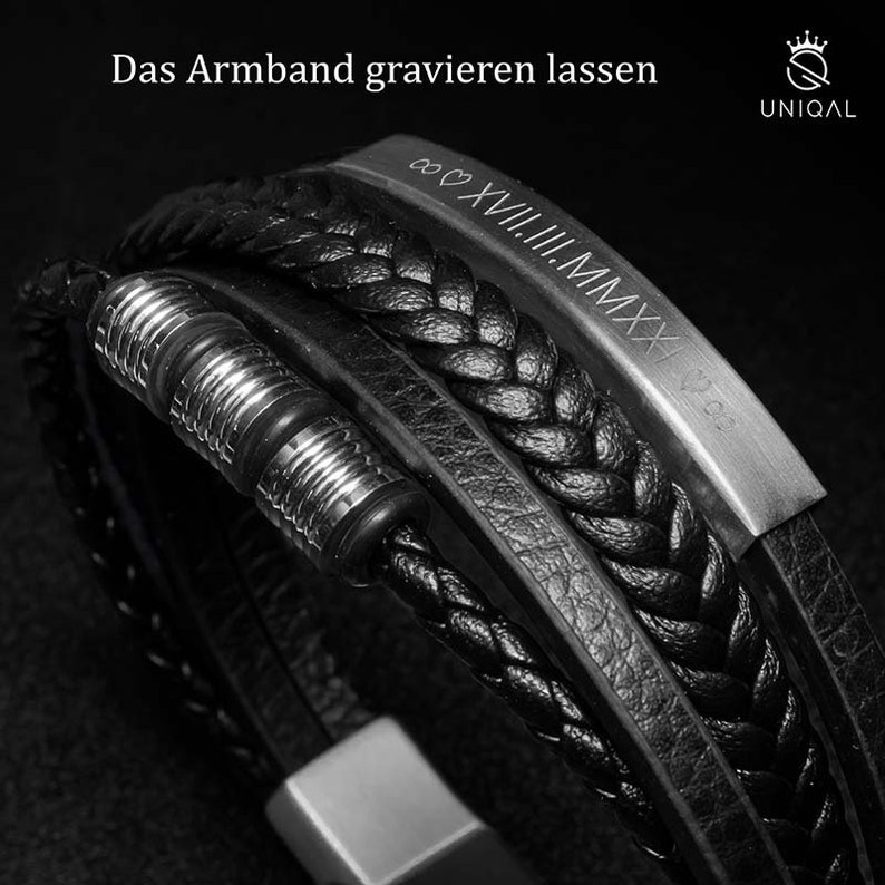 UNIQAL Personalized leather bracelet with engraving SHAPE men women Leather Bracelet mens Magnetic clasp handmade in Germany Silver