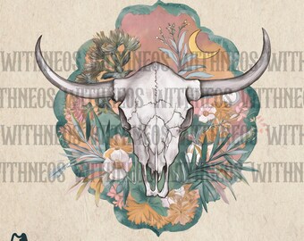 Bull Skull Flowers Sublimation Design png Download, Desert Design png, Vintage, Retro Western Sublimation, Wild and Free, Wild Soul png