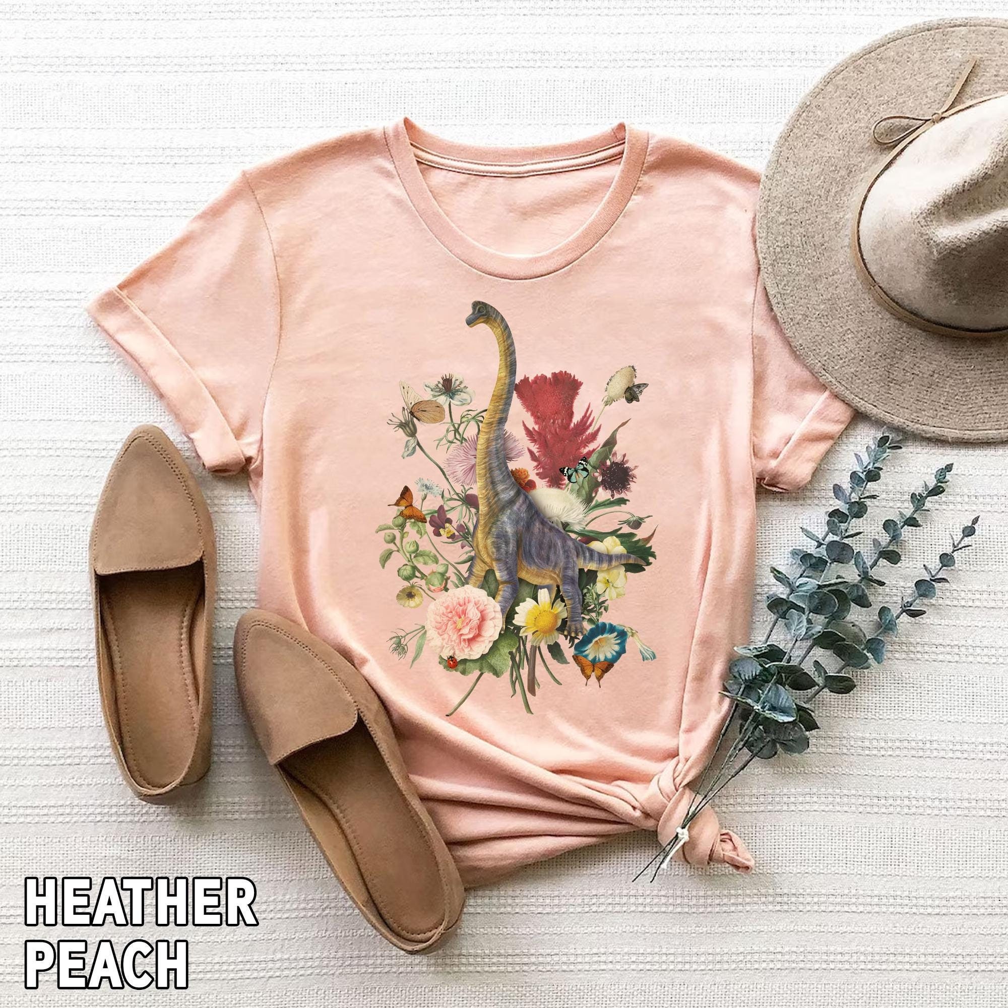 Bella Canvas Dinosaur Botanical Bouquet Shirt, Cottagecore Dinosaur Shirt, Dinosaur Lover Shirt, Retro Dinosaur Shirt