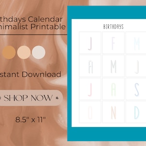 Geburtstagskalender - Minimalistischer Monatsplaner für wichtige Termine - Sofort Download - US Letter 8,5 "x 11"