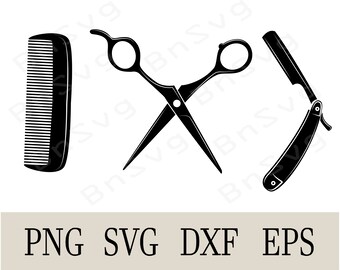 Barber Equipments Vector, Image of Scissors, Razor and a Comb Png, layered, Minimalist, Cricut, Silhouette, Clipart, Vinyl decal