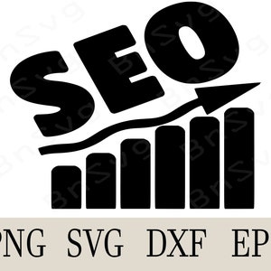May include: Black and white graphic of the word "SEO" with a circle and an upward arrow over a bar graph. The graphic represents search engine optimization and growth.