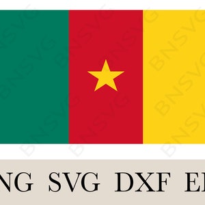May include: The flag of Cameroon features three vertical stripes: green on the left, red in the middle, and yellow on the right. A yellow five-pointed star is centered on the red stripe.