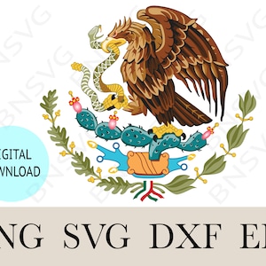 May include: A colorful illustration of the Mexican coat of arms, featuring a golden eagle perched on a cactus with a snake in its beak. The eagle is surrounded by green leaves and a blue ribbon.
