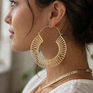 Brass Sunburst Hoop Earrings, Geometric Statement Hoops, Boho Minimalist Jewelry