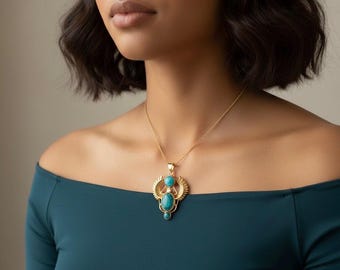 Turquoise scarabee-ketting: gouden gevleugelde Egyptische revival-amulet