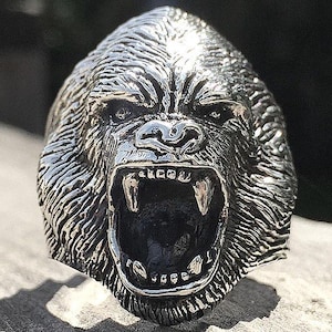 Gorilla Face Sterling Silver Ring ,Bold Animal Jewelry, Jungle Beast Statement Ring, Unique Animal Ring for Men, Handmade Primate Jewelry