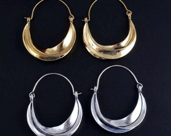 Gold Crescent Moon Hoop Earrings | Brass Dangle Statement Jewelry