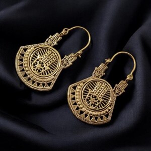 Gold hamsa earring, Vintage Bohemian Gold Dangle Earrings, Ethnic Tribal Statement Jewelry, gold mini hoops, gift for her, handmade earrings