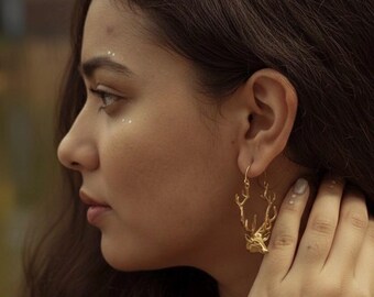 Gold Stag Earrings, Deer Head Hoop Earrings, Animal Jewelry