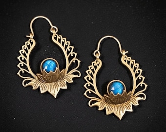 Lotus Flower Brass Earrings with Labradorite | Boho Indian Jewelry