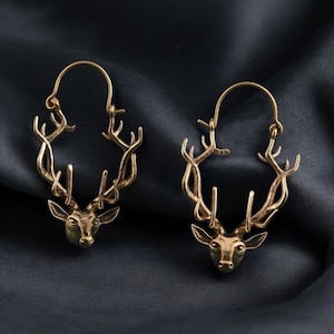 Deer Antler Hoop Earrings – Forest Animal Jewelry, Gold Stag Head Earrings, Boho Woodland Gift, Nature Inspired Statement Earrings”