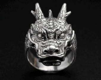 Handcrafted Silver Dragon Head Ring: Gothic Biker Jewelry