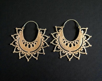 Handmade Brass Mandala Hoop Earrings | Boho Statement Jewelry