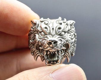 Handmade Sterling Silver Lion Wolf Ring - Viking Gothic Warrior Jewelry