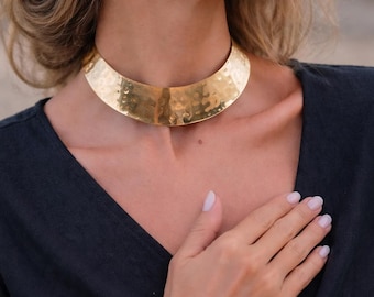 Hammered Gold Choker Necklace | Wide Statement Collar | Brass Boho Jewelry