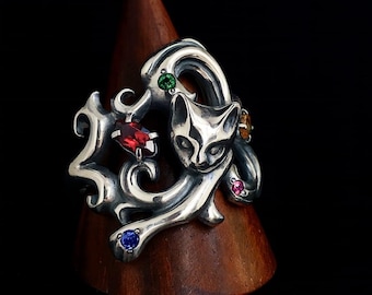 Anillo de gato místico con piedras preciosas / Anillo de fantasía felina de plata esterlina / Joyería gótica de gato / Anillo artesanal de bruja para mujer / Joyería bohemia