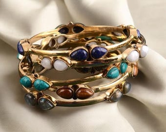 Vintage gouden stenen armband – handgemaakte boho-manchet, turkoois