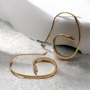 Könnte beinhalten: Goldfarbene Ohrringe in Schlangenform. Die Ohrringe haben ein spiralförmiges Design mit einem Schlangenkopf am Ende, verziert mit kleinen Details. Die Ohrringe werden auf einer strukturierten Oberfläche präsentiert.