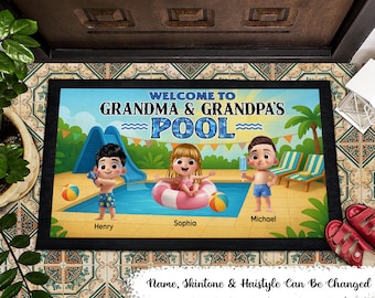 Welcome to Grandma & Grandpa's Pool Personalized Non-Slip Doormat, Entryway Front Porch Farmhouse Summer Grandkids Welcome Mat-Vacation Gift