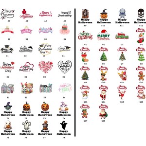 May include: A set of 18 printable images featuring various holiday themes, including Happy Anniversary, Happy Birthday, Happy Graduation, Happy Valentine's Day, Happy Easter, Happy Halloween, and Merry Christmas. The images are in a grid format and are labeled with letters and numbers.