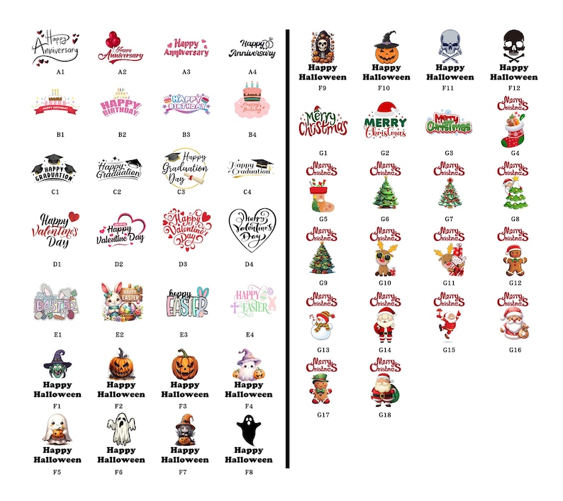 May include: A set of 18 printable images featuring various holiday themes, including Happy Anniversary, Happy Birthday, Happy Graduation, Happy Valentine's Day, Happy Easter, Happy Halloween, and Merry Christmas. The images are in a grid format and are labeled with letters and numbers.