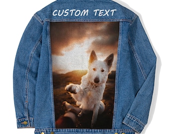 Mens Custom Text  Photo Blue Denim Jacket, Vintage Inspired Distressed Outerwear