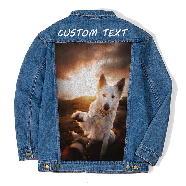 Mens Custom Text Blue Denim Jacket Vintage Inspired Distressed Outerwear Jacket- Mens Distressed Custom Photo Bomber Jacket