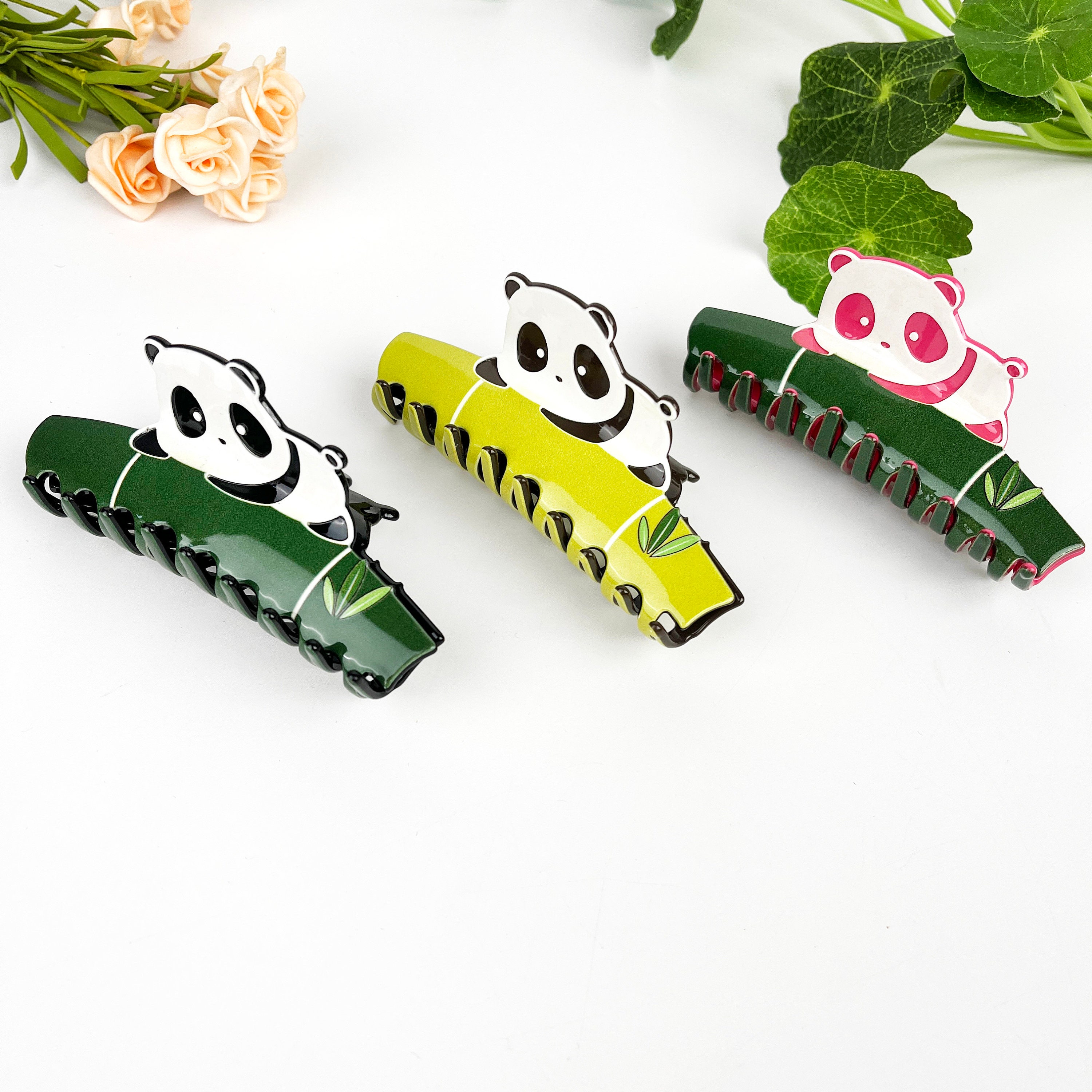 Panda bear with bamboo and rhinestones meta hair claw clip / NEW / cross posted Panda on Bamboo Hair Claw Clip: Acetate Animal Hair  main image 3