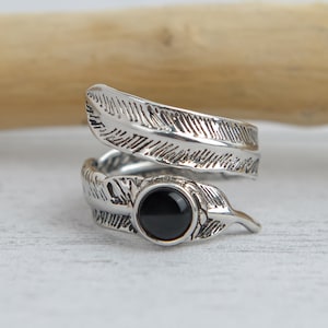 Adjustable Sterling Black Onyx Angel Feather Wrap Ring