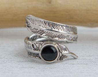 Adjustable Sterling Black Onyx Angel Feather Wrap Ring