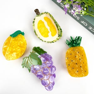 Citroen doerian druif ananas haarklauwklem, fruitklauwklem acetaat, aangepast uniek logo/tekst op doos, haaraccessoires, cadeau voor fruitliefhebbers