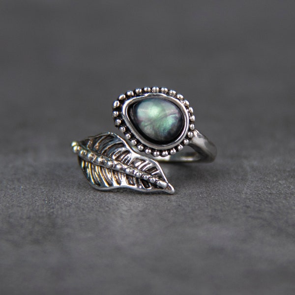 Boho Open Leaf Moonstone Ring, Zilveren Verstelbare Ring, Boho Moon Stone Ring voor vrouwen, Duimring, Edelsteensteenring, Boho Sieraden