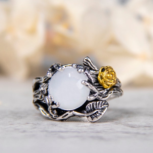Natural Moonstone 925 Sterling Silver Solitaire Ring, Boho Moonstone Ring For Women, Leaf Ring, Dainty Moon Stone Ring, Gift For Her