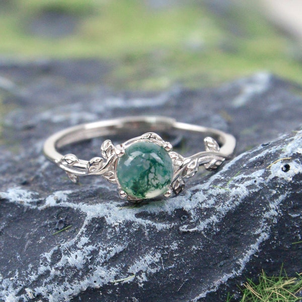 Moss Agate Ring Distressed Ring Branch Ring Vintage Delicate Ring Round Agate Ring Adjustable Ring