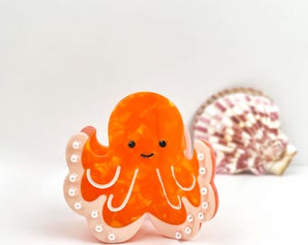 Adorable pinza para el pelo pequeña con forma de pulpo naranja - Accesorio para el pelo de animales del océano
