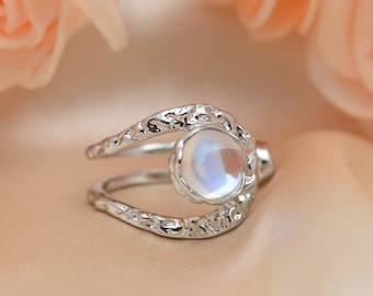Geometric Moonstone Ring: Adjustable 925 Sterling Silver