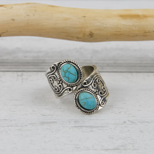 Natural Turquoise Ring, Turquoise Wrap around Ring, Hippie Turquoise Ring, Blue Stone Ring, Gemstone Ring,Silver Ring for Women,Boho Jewelry