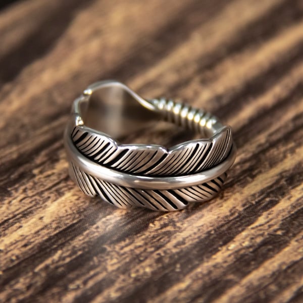 Vintage djustable Feather 925 Sterling Silver Ring, Leaf Rings for Men, Women's Wedding Ring Oxidized Silver Ring, Handmade Unisex Jewelry