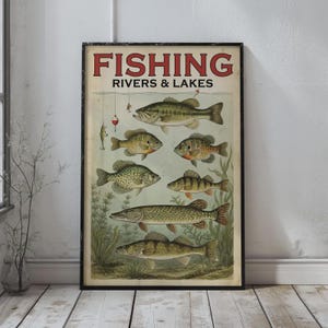 Può includere: Un poster verticale intitolato FISHING RIVERS & LAKES in testo rosso e nero. L'illustrazione presenta sei diverse specie di pesci d'acqua dolce che nuotano tra piante acquatiche, con diversi esche da pesca appese a delle lenze in alto.