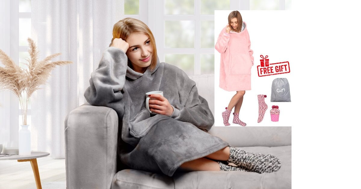 Oversized Hoodie Blanket With FREE Matching Fluffy Socks Plush Fleece Sherpa Lined Gift For Her! Wearable Blanket Hoodie One Size