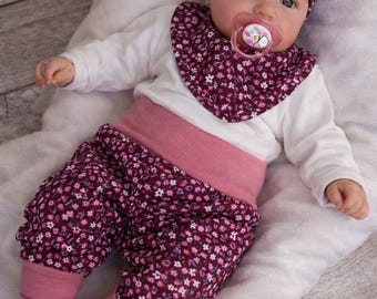 Baby Set Blüten Gr. 56 62 68 Hose Mütze Halstuch Mädchen