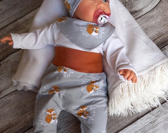 Set Baby mit Fuchs auf grau (Baggy Pants Hose, Halstuch und Mütze) Junge Mädchen