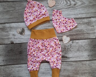 Baby Set Pumphose Mütze Halstuch Baggy Pants Blumen Blüten Mädchen Sommer rosa  Gr. 56 + 62