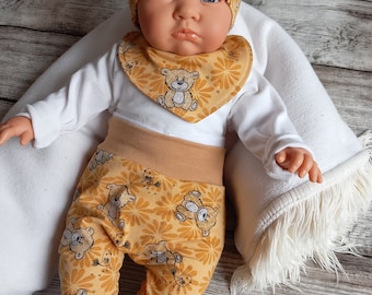 Set Baby senf mit Teddybär (Baggy Pants Hose, Halstuch und Mütze) Junge Mädchen 56 62