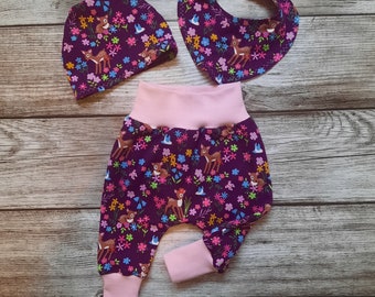 Set Baby Mädchen * bunt * Blumen * Rehe Gr. 56-68 Pumphose Hose Mütze Halstuch