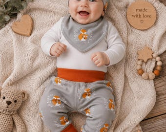 Set Baby mit Fuchs auf grau (Baggy Pants Hose, Halstuch und Mütze) Junge Mädchen